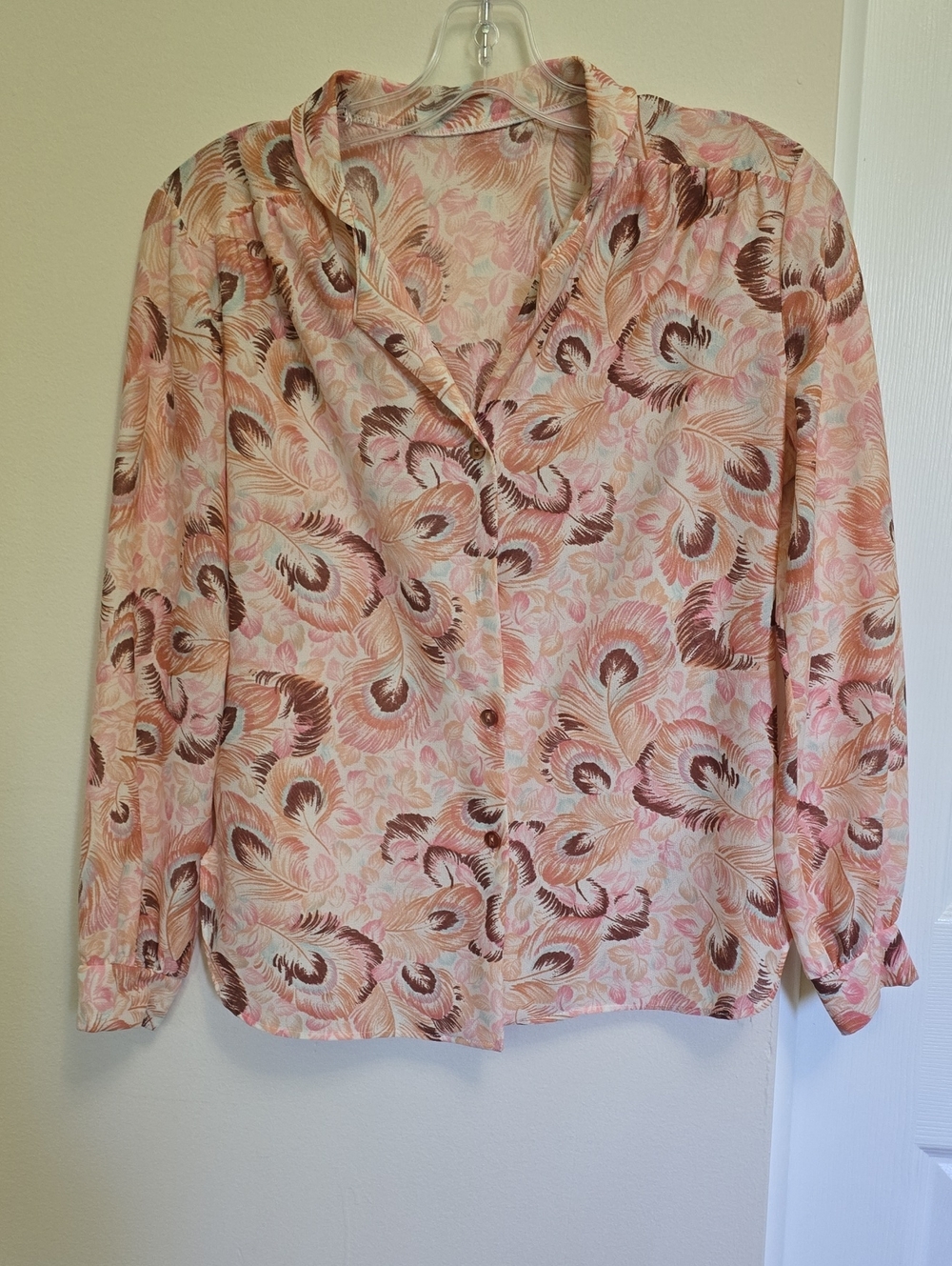 Pink Feather-Print Button Front Blouse